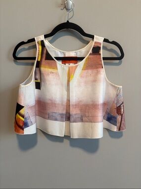 Clover Canyon Abstract Print Sleeveless Crop Tank in White and Multicolor